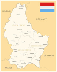 Luxembourg - detailed map with administrative divisions and country flag. Vector illustration