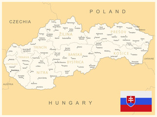 Slovakia - detailed map with administrative divisions and country flag. Vector illustration