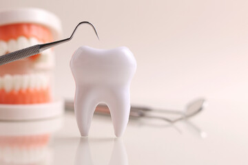 Dentistry concept. Model of a tooth and dental instruments on a colored background with space for...
