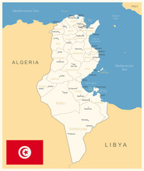 Tunisia - detailed map with administrative divisions and country flag. Vector illustration