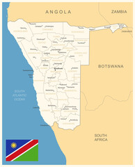 Namibia - detailed map with administrative divisions and country flag. Vector illustration