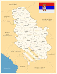 Serbia - detailed map with administrative divisions and country flag. Vector illustration
