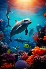 Fototapeta na wymiar group of dolphins in colorful underwater | Generative AI