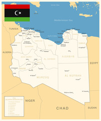 Libya - detailed map with administrative divisions and country flag. Vector illustration - obrazy, fototapety, plakaty