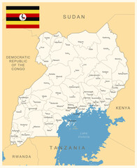 Uganda - detailed map with administrative divisions and country flag. Vector illustration