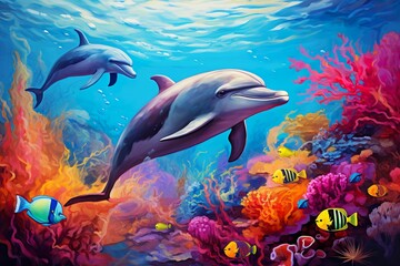 Obraz na płótnie Canvas group of dolphins in colorful underwater | Generative AI