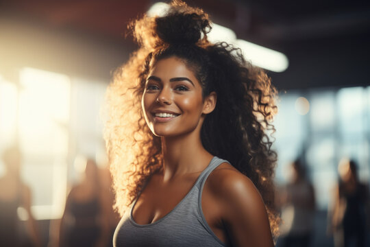 young woman in a gym. She is depicted with a confident laughter and open, joyful expression. The background is a white wall, which emphasizes the beauty of the woman and makes the space look bigger.