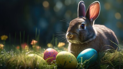Easter bunny in a forest. Created with Generative AI.	
