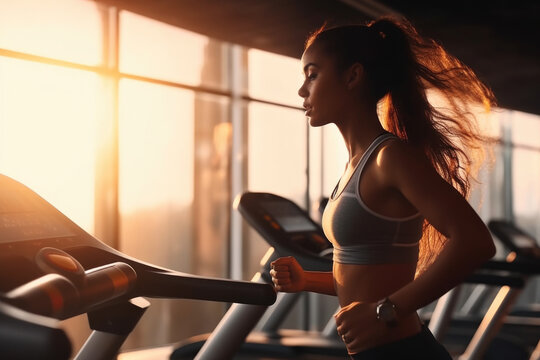 fitness and healthy lifestyle. beautiful young woman working out on a treadmill in sportswear. She is working hard on her health and body shape, showcasing her physical abilities and attractiveness