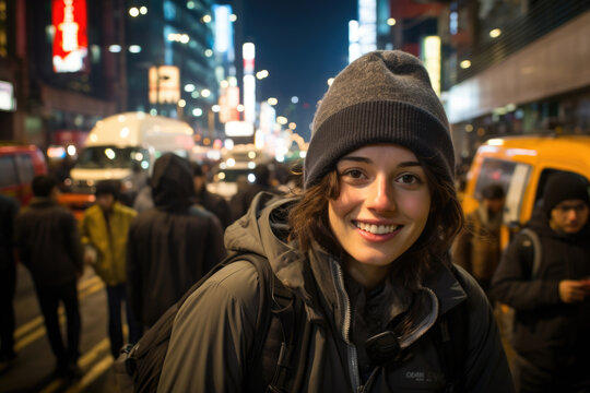 happy young woman taking a selfie with a smile on the streets. He is surrounded by a crowd of people, including students, tourists and women who are all having a good time in an emotional atmosphere.
