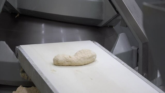 Fresh Bread Dough on Industrial Bakery Line. Dough Moving Along Conveyor Belt at Bread Factory. Industrial Bakery Equipment. Industrial Bakery Production Line. 