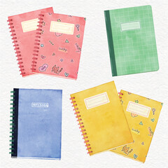 Colorful copybooks watercolor style vector set, top view, Back to school and studying concept designs
