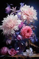 A pink, purple and white arrangement of flowers. AI generative