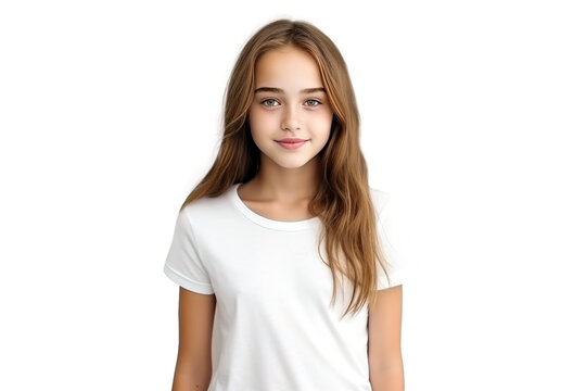 Happy Teenage Girl Kid in White T-Shirt - Full-Length Portrait on Transparent Background PNG File for Casual Lifestyle Designs - Generative AI
