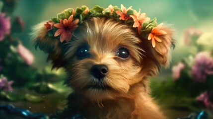 cute baby dog with flowers. Created with Generative AI.