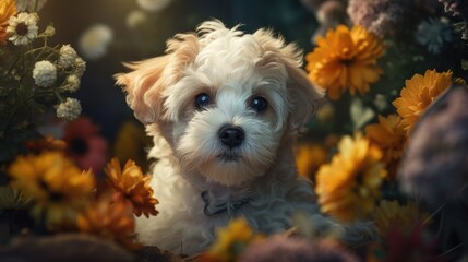 cute baby dog with flowers. Created with Generative AI.