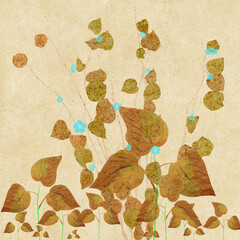 Ilustracja jesienne liście błękitne kwiaty na jasnym tle