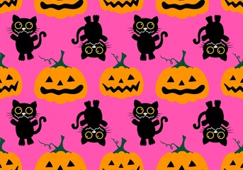 Halloween autumn harvest season pumpkins and cat pattern for wrapping paper and kids clothes print and festive