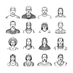 Human Avatars Collection. Diverse faces of people. Characters set. Happy emotions. Portrait for social media, website. Men and women, grandparents and girls. Hand drawn doodle sketch.