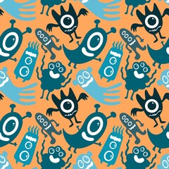 Halloween cartoon monsters seamless aliens pattern for wrapping paper and fabrics and kids clothes print