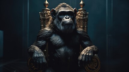 king chimpanzee sitting on a throne. Created with Generative AI.