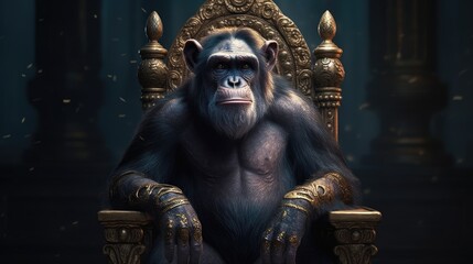 king chimpanzee sitting on a throne. Created with Generative AI.