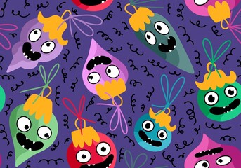 Christmas tree balls seamless cartoon monsters with face pattern for fabrics and wrapping paper and kids print