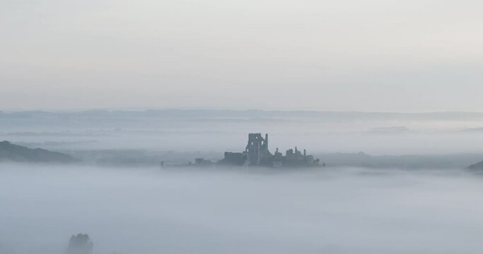 Castle in England on Misty Sunrise - Arial