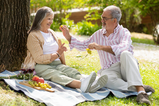 Happy senior european man feeding grapes to lady, enjoy romantic date, lunch in park, have fun