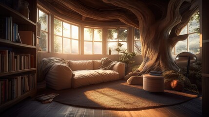 cozy interior inside a tree. Created with Generative AI.