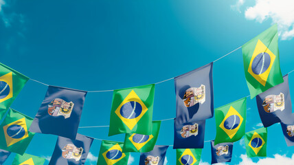 Flag of Belém - city of Brazil against the sky, flags hanging vertically