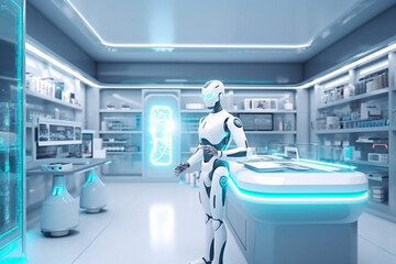 Humanoid smart woman robot, working in pharmacy industry, assistant in choosing medicine pills for customer service, information provision. Concept of high-tech assistant. Generative AI Technology - obrazy, fototapety, plakaty