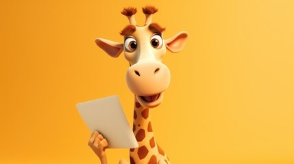 Cute happy giraffe cartoon holding a blank sign. Created with Generative AI.