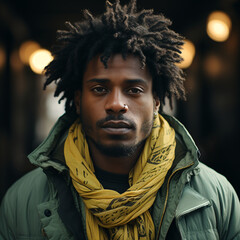 headshot of a serious african american young adult. Beautiful male fashion model looking at the camera. Portrait with stylish short afro haircut. face of black guy, winter jacket and scarf