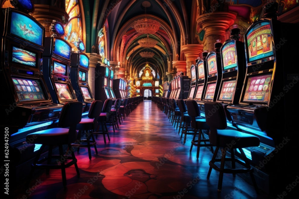 Wall mural hall in the casino with slot machines, jackpot