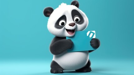 Cute happy cartoon panda holding a blank sign. Created with Generative AI.