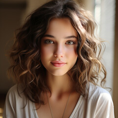 Naklejka premium Portrait of young woman, sweet eyes, brunette girl looking at camera. Female, fashionable teenager for promotional poster. Model with light makeup. For cosmetics advertisement. Photo on femininity