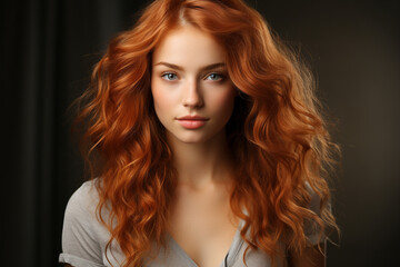 Fototapeta premium Portrait of young woman, brunette girl looking at camera. Female, fashionable teenager, promotional poster. Advertisement with model, light makeup, long red hair. Photo about femininity. copy space