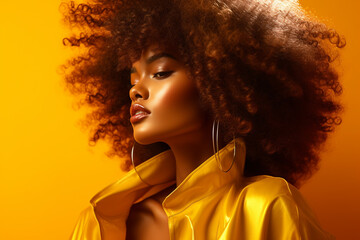 fashion portrait of sensual african american girl, young black woman with curly hair. Hairstyle studio photo for advertising on cosmetic hair products and conditioner for natural frizzy afro hair. 