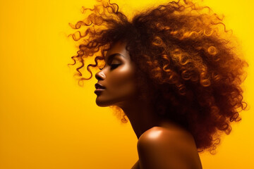 fashion portrait of african american girl, young black woman with curly hair. Hairstyle studio photo for advertising on cosmetic hair products and conditioner for natural frizzy afro hair. copy space - obrazy, fototapety, plakaty
