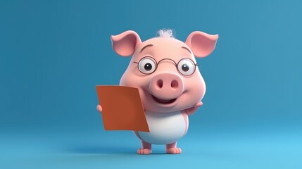Cute Cartoon happy pig Holding a Blank Sign. Created with Generative AI.