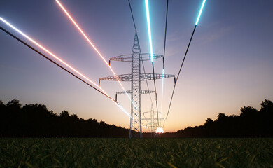 Energy stream flowing through steel tower high voltage power lines over sunrise horizon sky. Electric cables transmitting electricity obtained from sustainable sources, 3D render animation
