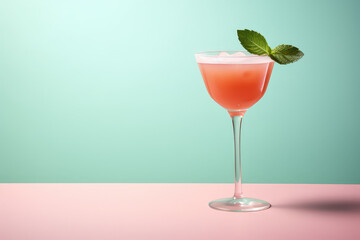 Margarita red alcohol cocktail in a glass on a flat color background with copy space for text, green leaves, white foam. Pink Margherita cocktail minimal style banner template for menu.