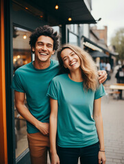 young couple, boy and girl, wearing blank teal t-shirt, on urban background. Clothing with copy space for logos, inscription and advertising designs. Mockup of tee shirt on front. Blank template