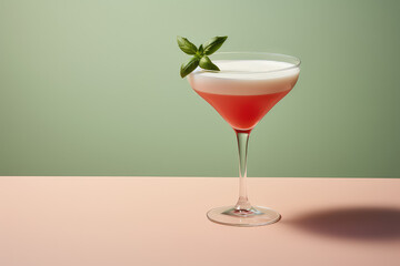 Margarita red alcohol cocktail in a glass on a flat color background with copy space for text, green leaves, white foam. Pink Margherita cocktail minimal style banner template for menu.