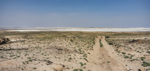 Fototapeta na wymiar Dusty car road in the middle of the Kazakh steppe, on a hot summer day