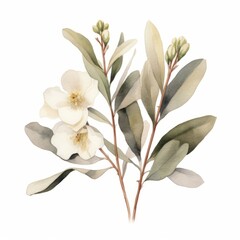Pastel Beige Primrose Eucalyptus Watercolor Illustration