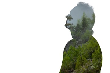 Transparent silhouette of happy young man and nature