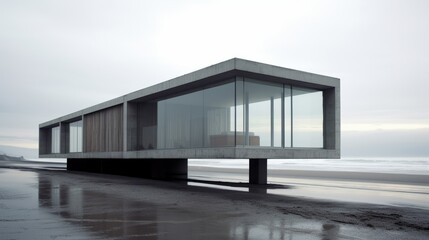 Fototapeta premium Minimalistic Concrete And Glass House On The Beach
