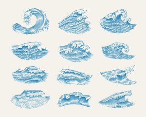 Atlantic tidal waves. Vintage old engraved hand drawn labels. Marine and nautical or sea, ocean background for banner or poster. set of Isolated vector illustration.
